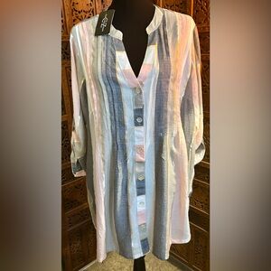 Striped Pleated Pink and Gray Blouse with Metallic Accents